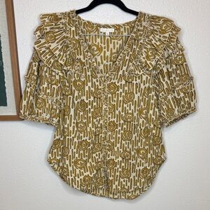 Anna Cate Jolie Abstract Ruffle Button Blouse with Cream & Gold/Mustard - Large‎